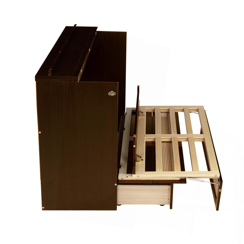 Grand lit escamotable, armoire-lit en bois de pin avec décoration en rotin et tiroir de rangement, Noyer