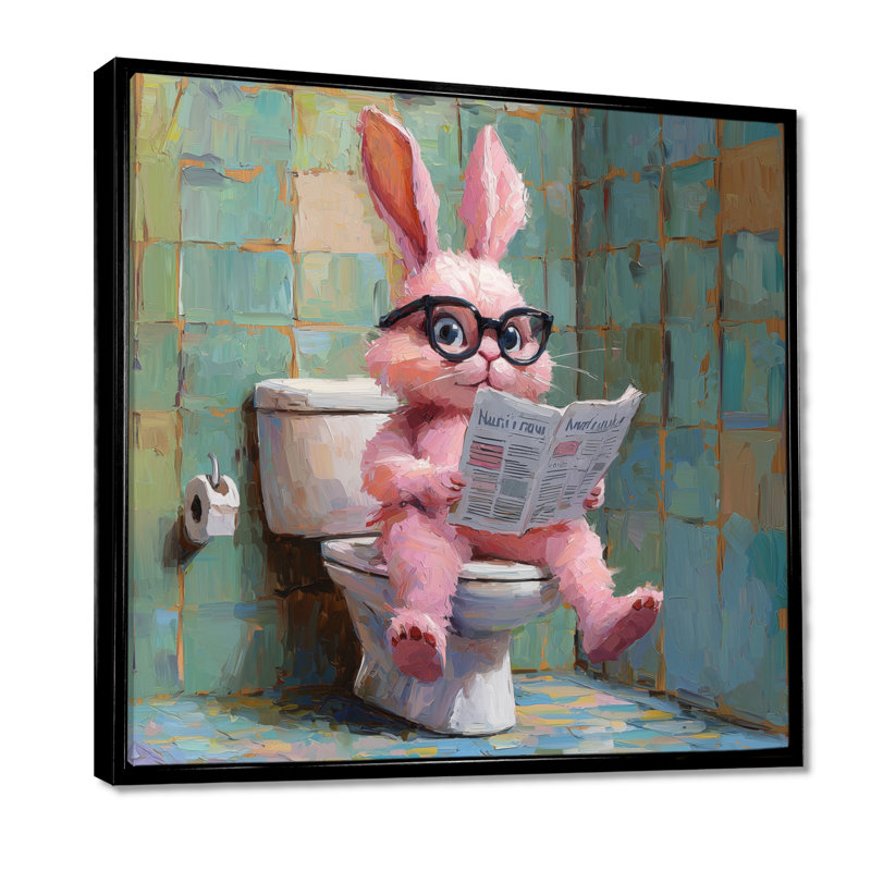 Lapin Kenechi lisant les nouvelles dans la toilette I - lapin, art mural, Impression encadrée flottante, H 16 po x l 16 po