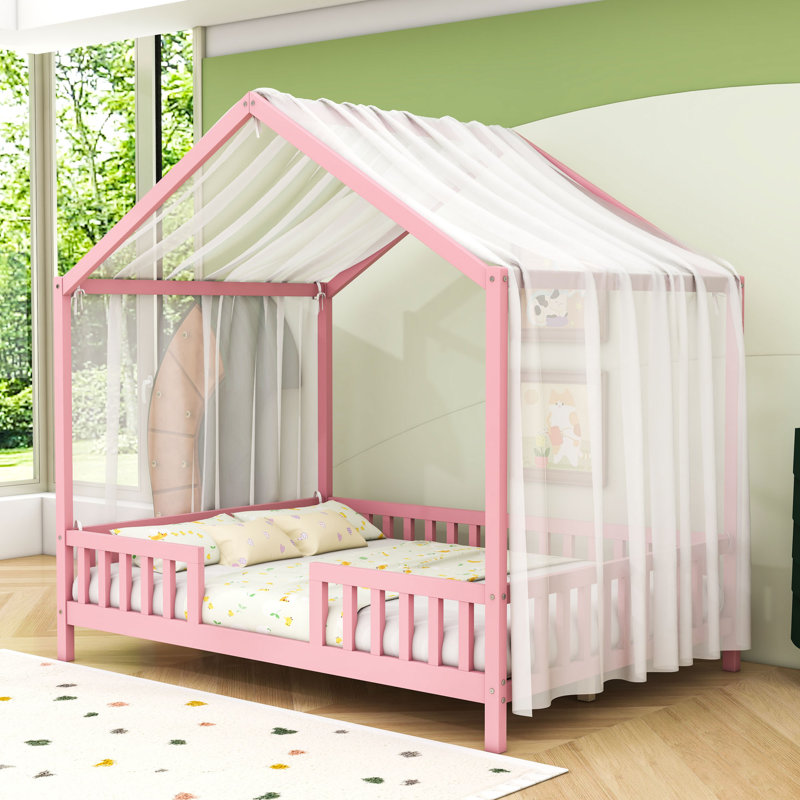 House Shape Floor Bed With Slats, Full, Pink