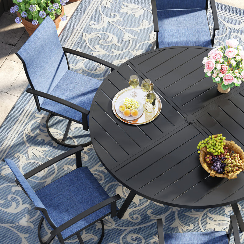 7-Pieces Round Patio Dining Set With Swivel PVC-coated polyester Chairs, Black/Blue