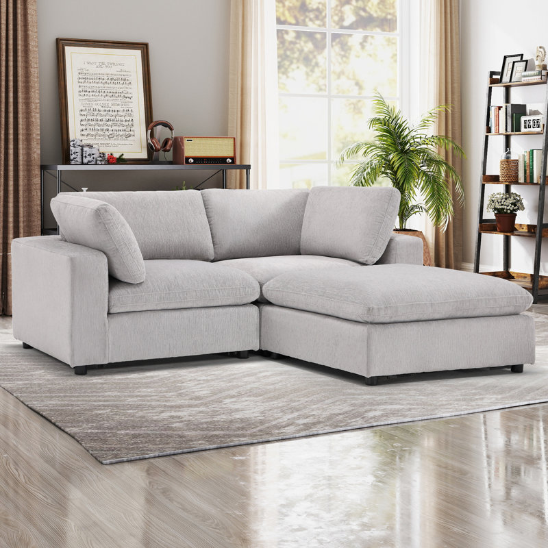 Odai 77.2'' Wide 3 - Piece Chenille Sectional Loveseat Sofa With Ottoman, Light Gray Chenille