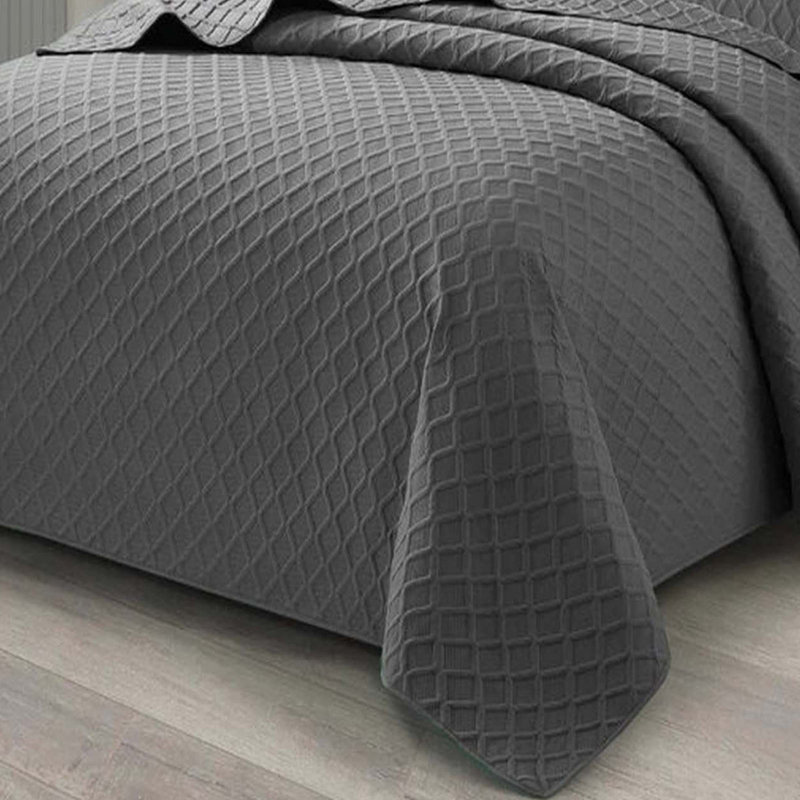 Bedspread Diamond Check Embossed Set with Pillow Shams, Textured All-Season Comfort, Single, Double, King & Super King, Grey