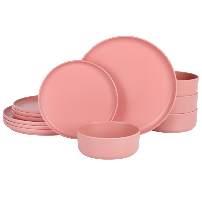 Gibson Home Canyon Crest 12-Piece Stackable Matte Melamine Dinnerware Set, Rose Red