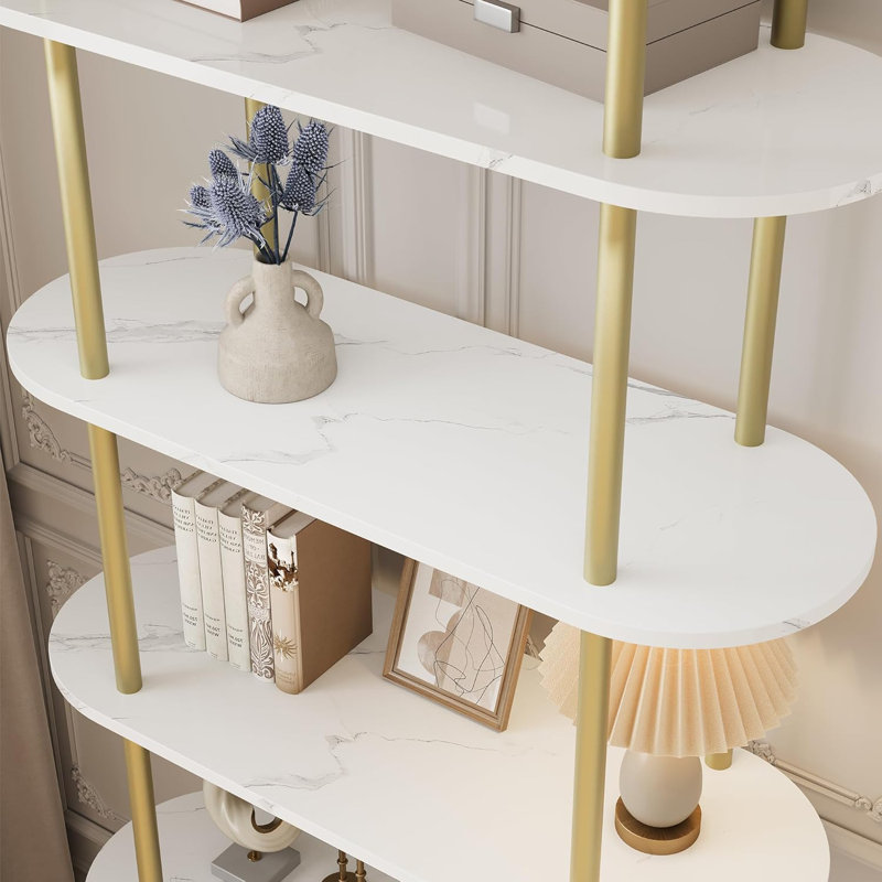 5 Tier Bookcase Arched Display Racks Tall Bookshelf Freestanding Open Storage Shelf, White/Gold