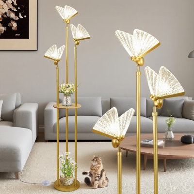 Modern Floor Lamp With Shelves And Adjustable LED Butterfly Lights, Standing Lamp With Table For Living Room, Bedroom Corner