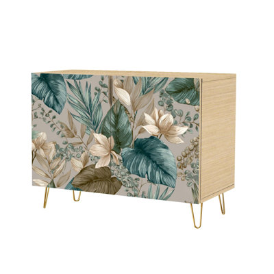 Sideboard Buffet Cabinet with Storage Organic Tropical Jungle Leaf Wall Art with 2 Doors for Living Room and Kitchen