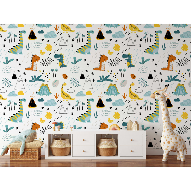 Joli papier peint à motif de dinosaure bleu sarcelle et moutarde, L 49,92 po x l 75 po