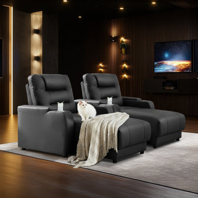 Modern Electric Power Reclining Home Theater Set: Breathable Faux Leather, Adjustable Backrests, Wireless Charging, Cup Holders (Set Of 2) by Ebern Designs