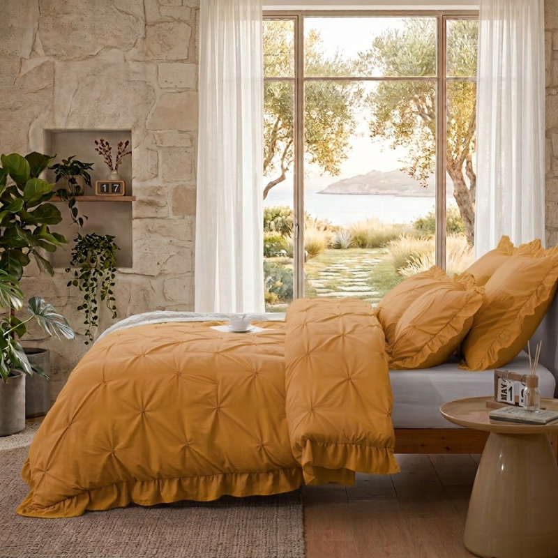 5 Piece Romantic Princess Pintuck Comforter Set, King Comforter + 4 King Shams, Mustard