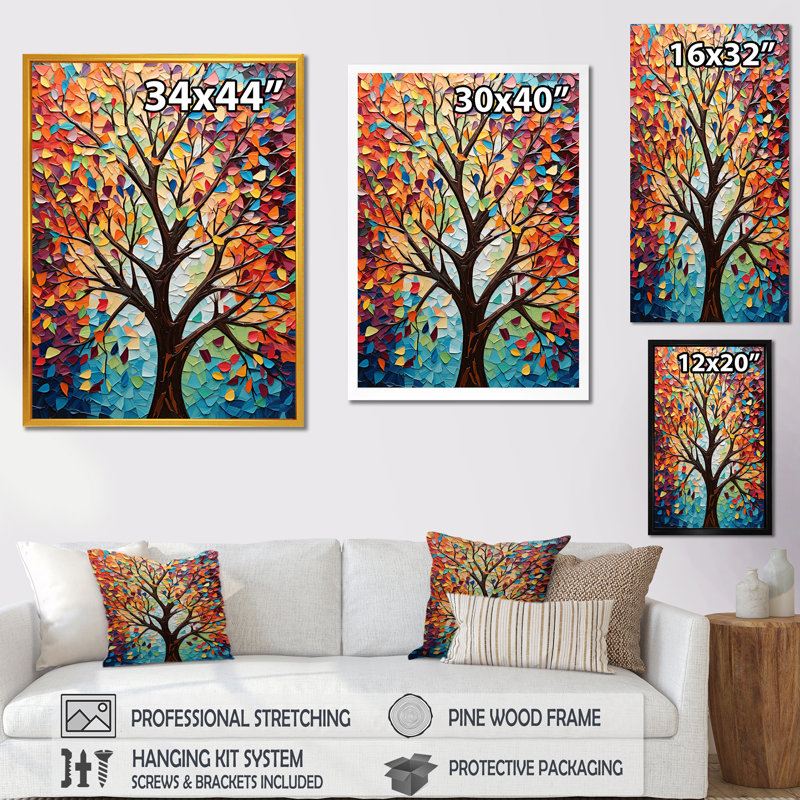 Arbre de harmonie américain coloré II - art mural arbre, Cadre flottant doré, H 60 po x l 28 po