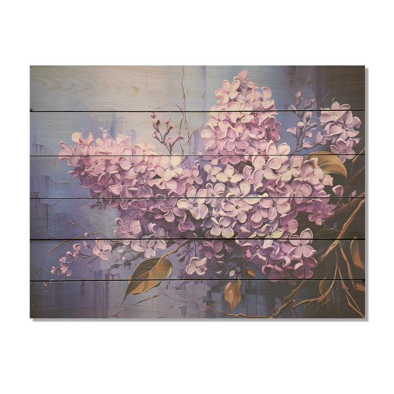 Lilac Reverie - Lilacs Wood Wall Art On Natural Pine Wood, 10" H x 20" W