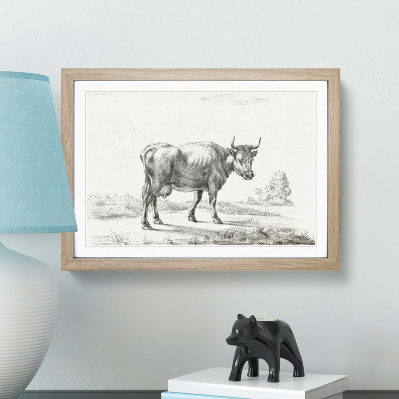 A Cow In The Meadow by Jean Bernard - Single Picture Frame Print, Oak Framed, 45cm H x 63cm W x 2cm D