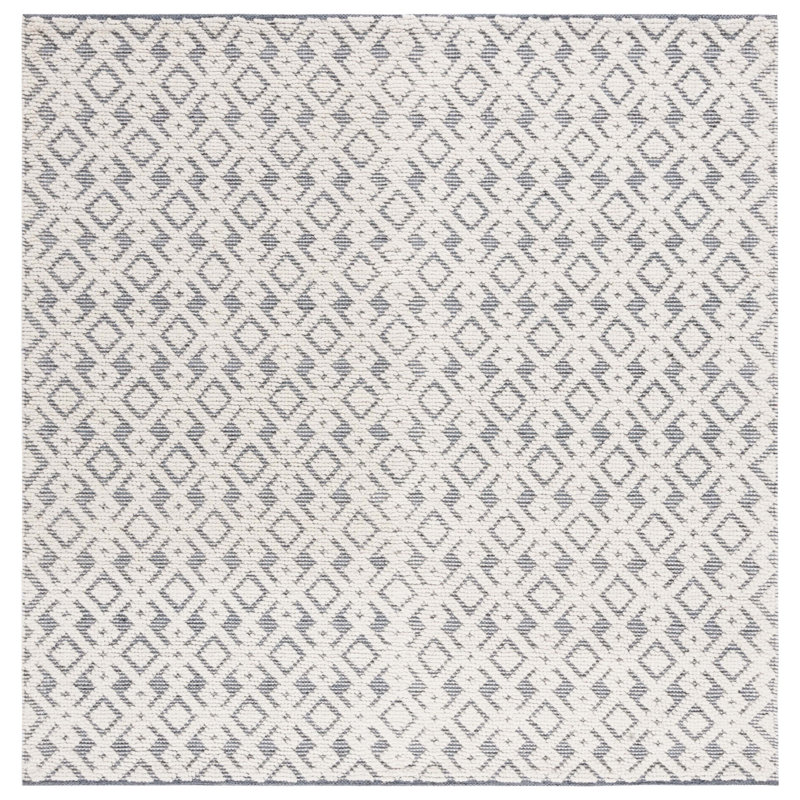 Vermont Hand Woven Wool/Cotton Geometric Rug in Ivory/Blue, Square 6'