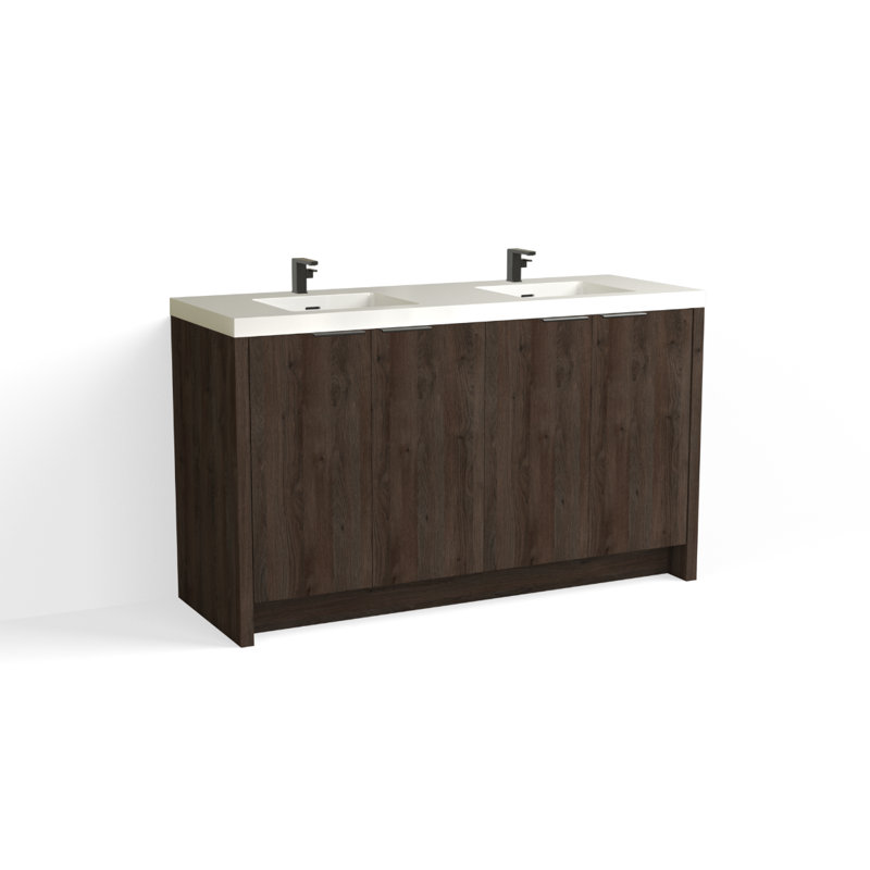 Mesa 60" W Freestanding Double Bathroom Vanity , Single-Hole, White Gloss, White Nanomatte/Matte Black