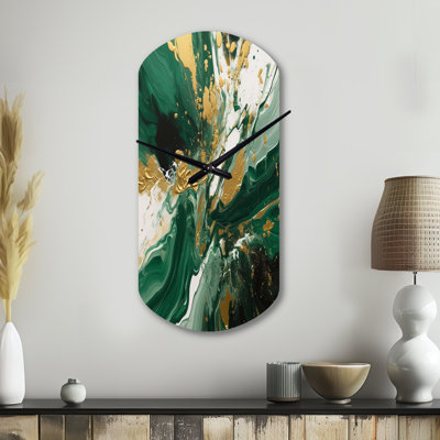 Green and Gold Liquid Magic I - Abstract Asymmetrical Metal Wall Clock, Modern Cylinder Wall Clock Print