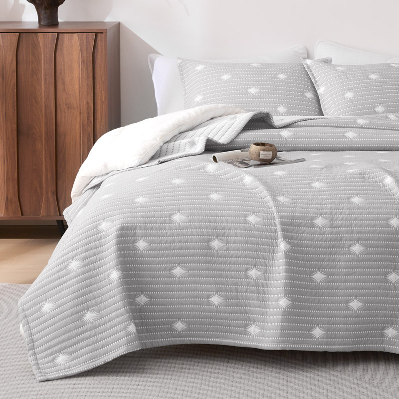 Sleep Zone Twin/Twin XL Size Cotton Jacquard Quilt Set 2 Pieces for All Season 68 x 86 Gray Striped Dots, Twin Quilt + 1 Sham
