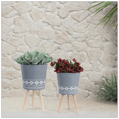S/2 10/12" DIAMOND PLANTER W/ WOOD LEGS, GRAY (KD)