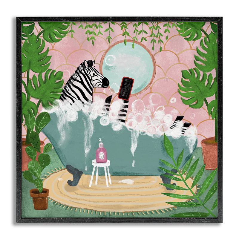Zebra Fun Bath Time Giclee Art by Farida Zaman, Farmhouse Gray Framed Giclee, 24" H x 24" W