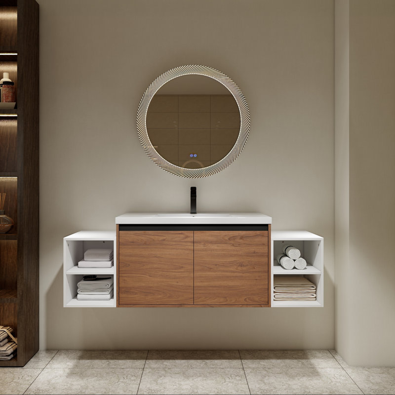 Meuble-lavabo mural avec lavabo en résine, deux tablettes de rangement et portes à fermeture en douceur, 60"