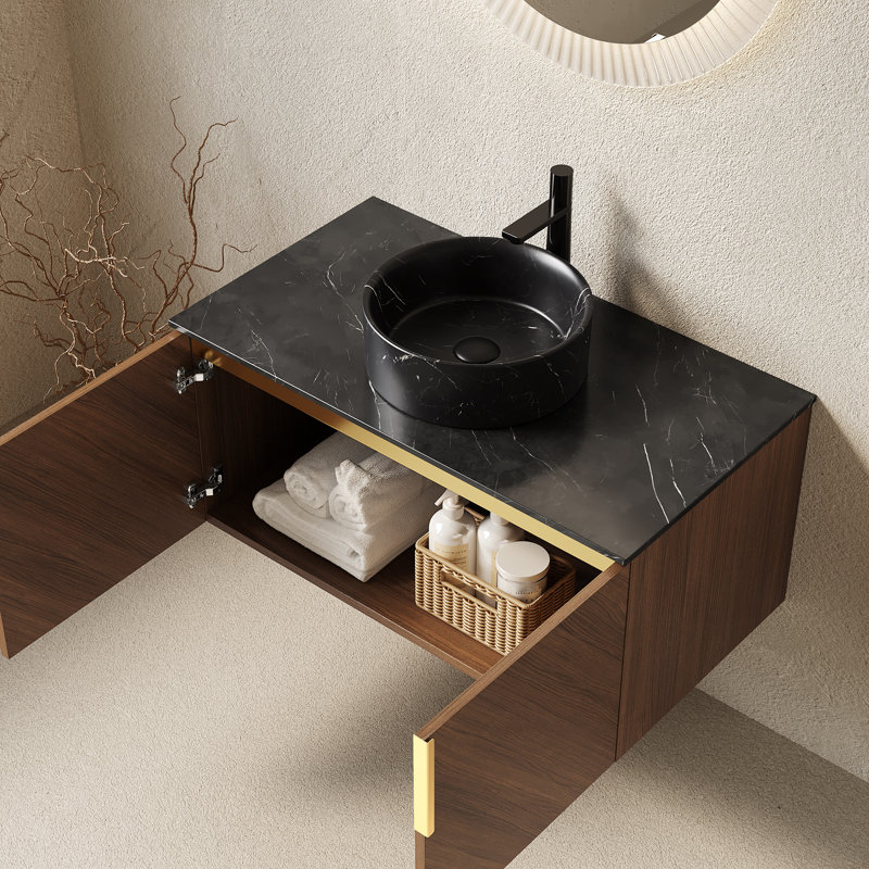 Meuble-lavabo 36 po, armoire de rangement murale en contreplaqué avec portes doubles, comptoir en pierre frittée noire et lavabo rond en céramique noire avec motif de pierre