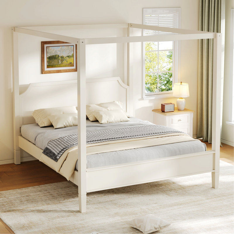 Lit à baldaquin en bois avec tête de lit et pieds de soutien, cadre de lit pour chambre à coucher, Très grand lit