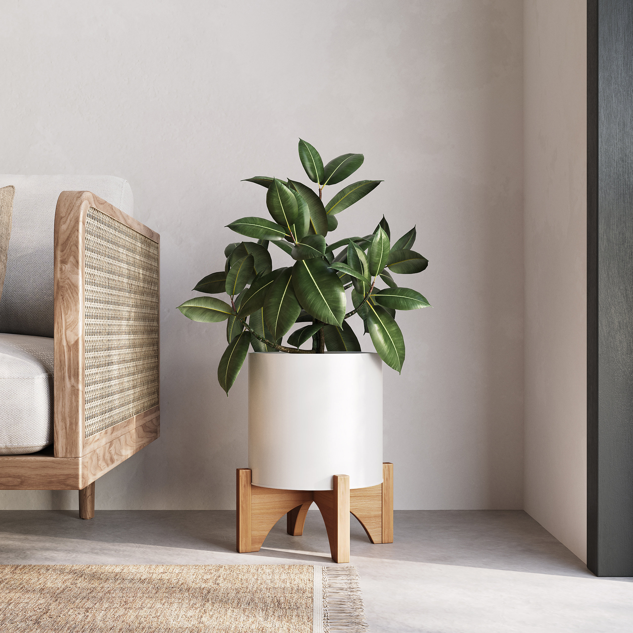 Raya White Mid-Century Modern Planter with Arch Wood Base - 14.75 H x 12 W