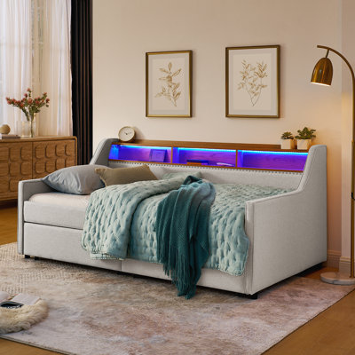 Twin Size Upholstery Sofa Bed with LED Lights, Storage, Adjustable Headboard, and Wireless Charging by GUCHENG