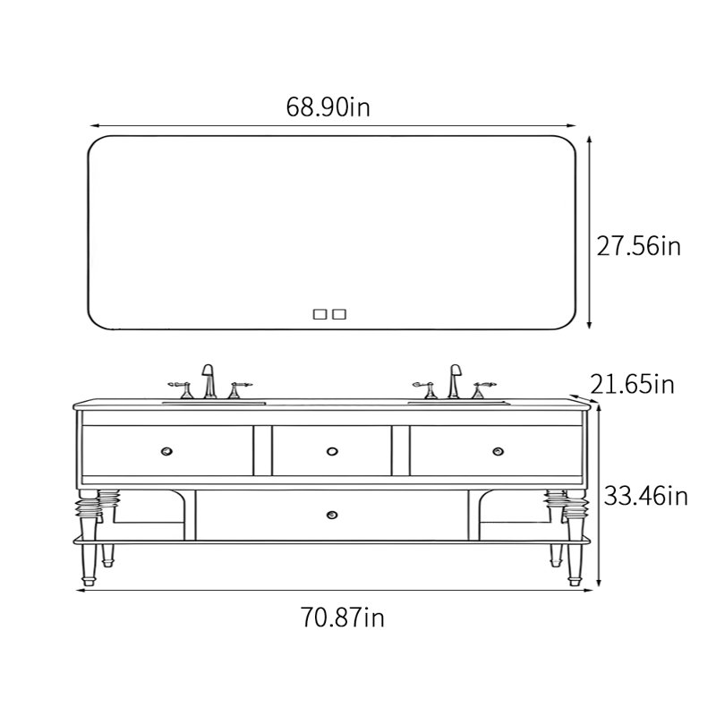 Armoire de salle de bain style français de luxe, H 33,46 po x l 70,87 po x P 21,65 po