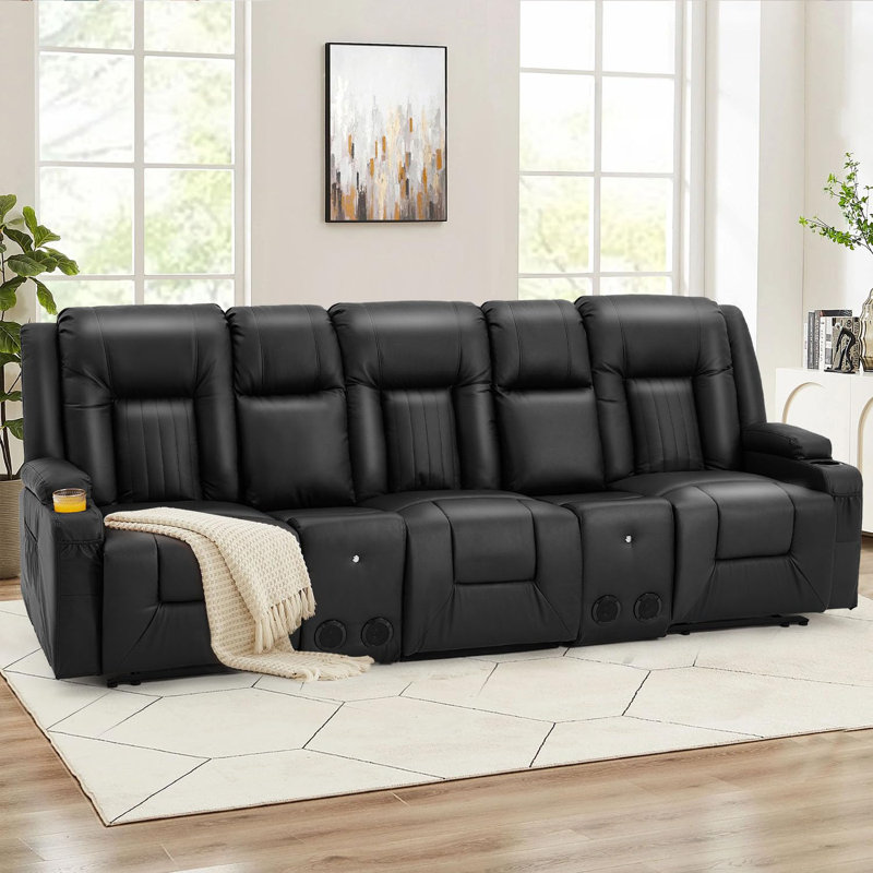 Reclining Sofa With Console&Bluetooth Speakers, Manual Rv Sofa Couch Recliner Sofa, Black