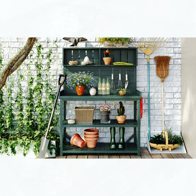 Wooden Farmhouse Potting Bench With Storage Shelves Side Hook