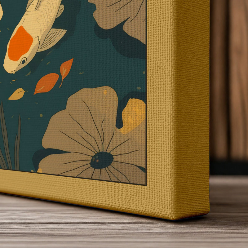 Golden Koi and Lotus Japandi - Wrapped Canvas, 24x16 - 61.0 x 40.6 cm, Ochre Border