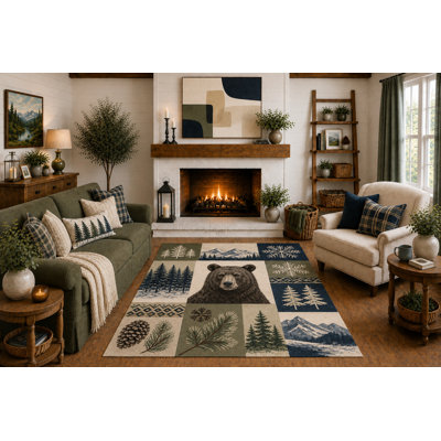 Tapis patchwork ours noir « ultra léger » 152 x 213 cm, décor rustique forêt de pins, montagne et flocons de neige, idéal pour le salon ou la chambre, envers antidérapant en silicone, poils courts
