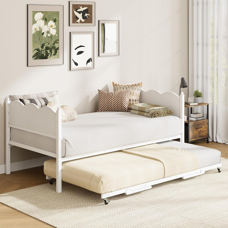 Twin Daybed with Trundle, Industrial Wood Headboard, Steel Slats Sofa Bed, White, White