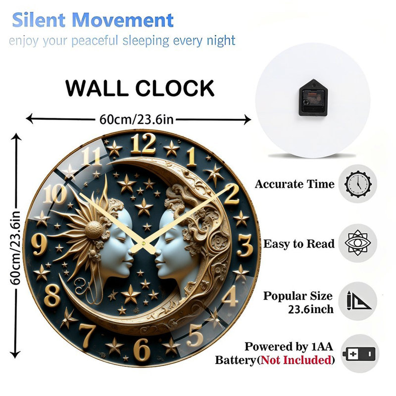 Visage de soleil et de lune avec étoiles et chiffres - horloge murale moderne en verre de 24 po