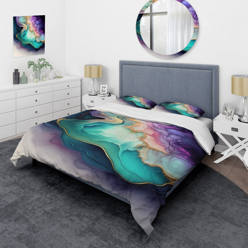 Ensemble de housse de couette en microfibre / polyester bleu mauve abstrait Geode II