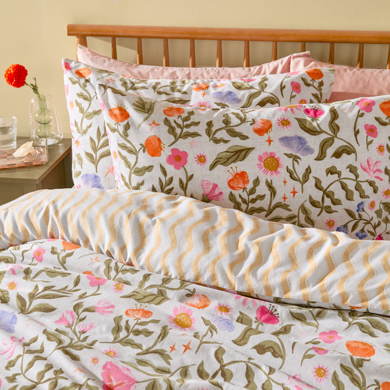 Summer Solstice Cotton Blend Floral Duvet Cover Set with Pillowcases, Kingsize Duvet Cover + 2  Standard Pillowcases