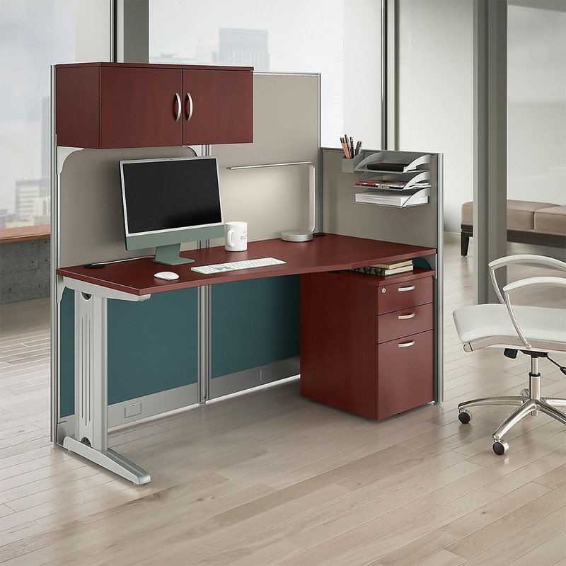 Modern Straight Workstation with Storage & Accessory Kit, Engineered Wood, Hansen Cherry