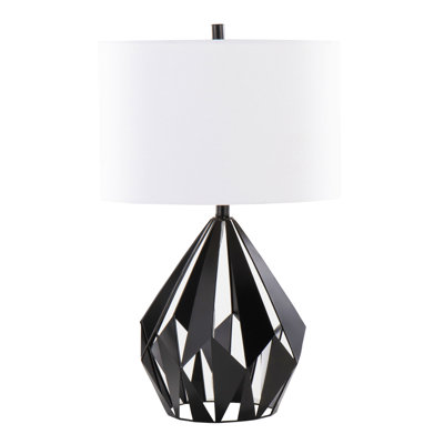 28" Contemporary Metal Table Lamp In Matte Black Metal With White Linen Shade - Set Of 2
