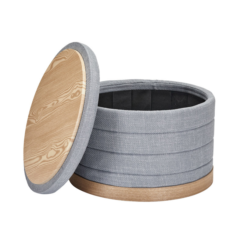  22" Linen Upholstered Round Storage Ottoman with Flush Tray Top, Blue