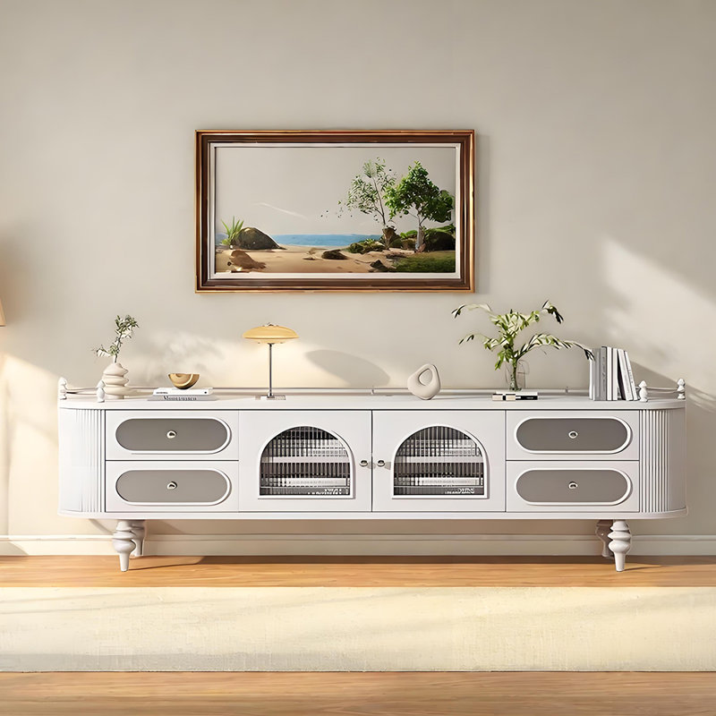 Meuble télé français en bois massif avec colonnes romaines, H 24,8 po x L 70,86 po x l 15,74 po, Crème