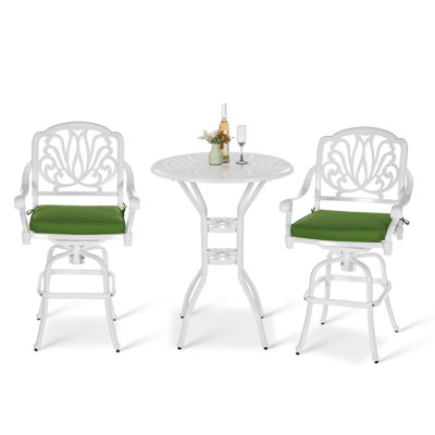 Giligia 3-Piece Patio Swivel Bar Stools Set, All Weather Cast Aluminum Outdoor Bar Height Bistro Set with 2 Cushioned Bar Chairs & 30.98" High Bar Tab by Astoria Grand