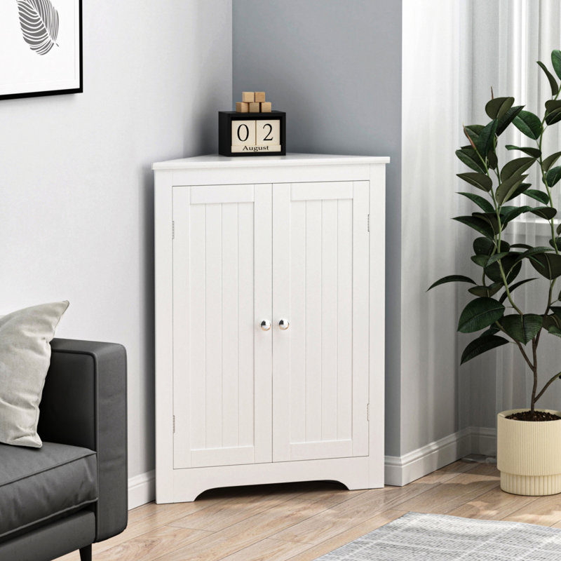 Corner Cabinet In White With Adjustable Shelf And 2 Doors - Freestanding For Bathroom, Kitchen, Living Room Chic Look Storage Shelves For Attractive Organization Idea