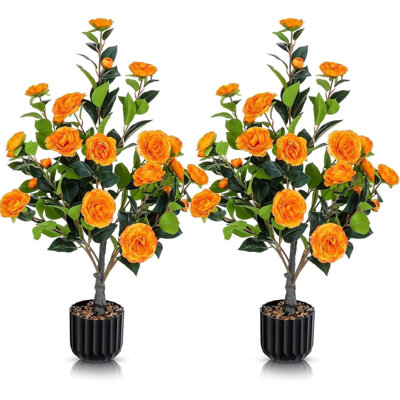 Artificial Camellia Tree 2 Pack, 36"Faux Camellia Plant in Pot with Orange Flowers, Greenery Potted Plant for Indoor Outdoor Office Home Porch Decor, Orange ( BACK TO SCHOOL )