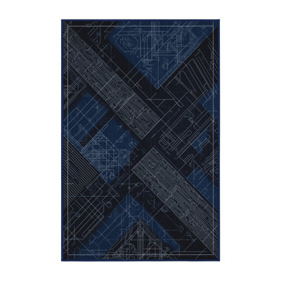 Soft Plush Menahan Blueprint Design Modern & Contemporary Geometric Area Rug in Gray – Navy Binding