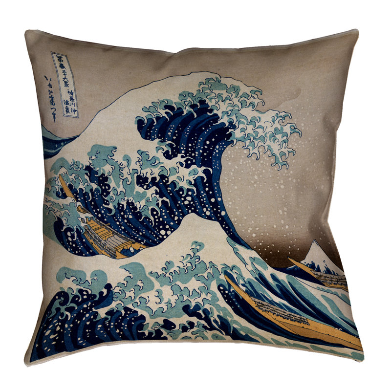Coussin carré avec imprimé Hokusai Wave - art côtier mauve, intérieur / extérieur, 16 po x 16 po, Brun/bleu