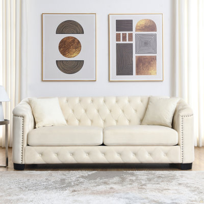 77-Inch Chesterfield Velvet Sofa, 3-Seater Sofa, Upholstered Tufted Backrests With Nailhead Arms And 2 Cushions