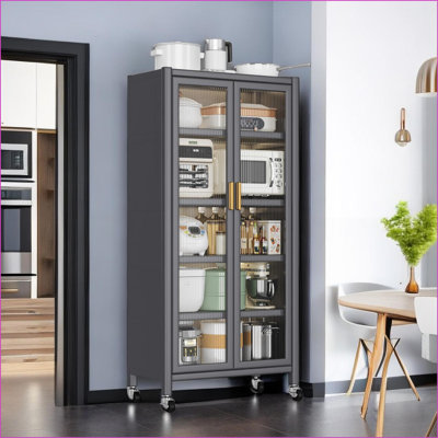 Armoire de rangement de cuisine, plancher à plafond gris ardoise à plusieurs niveaux avec tablette pour micro-ondes | Métal | Gris ardoise