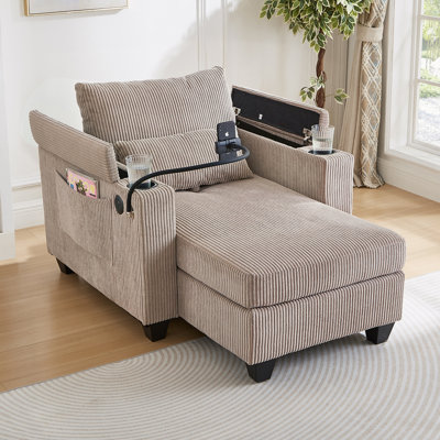 Méridienne convertible 37,4 po, canapé-lit en velours côtelé avec ports USB, porte-gobelets, porte-téléphone et rangement pour le salon et la chambre à coucher