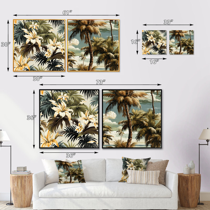 Coconut Grove - motif tropical - ensemble de 2 collages carrés tropicaux, H 16 po x l 33 po, Cadre flottant doré