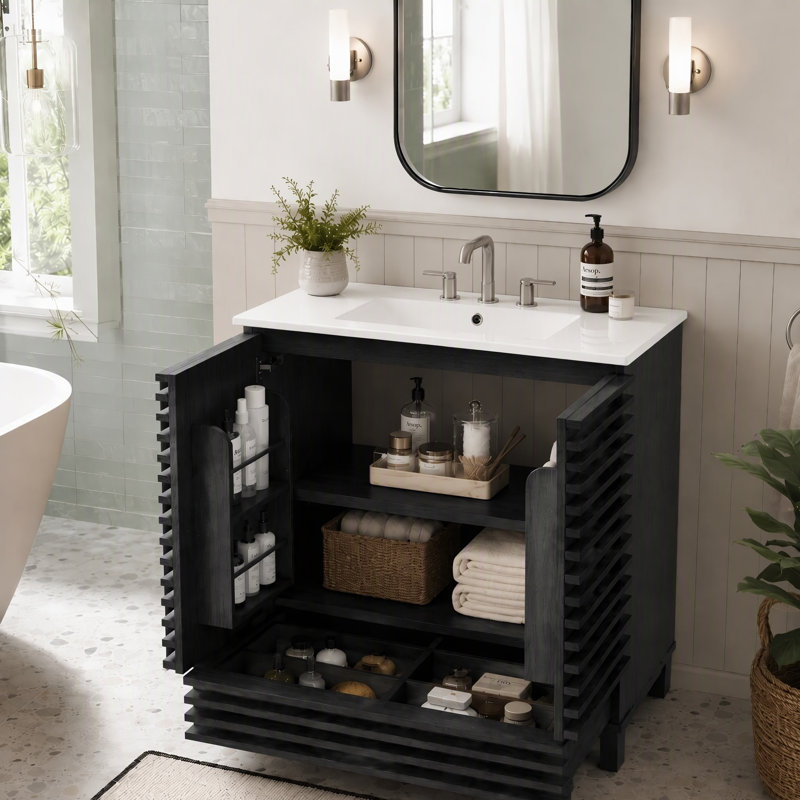 Freestanding Standard Free Standing Single Double Single Vanity Bathroom Vanity With Ceramic Top, Black
